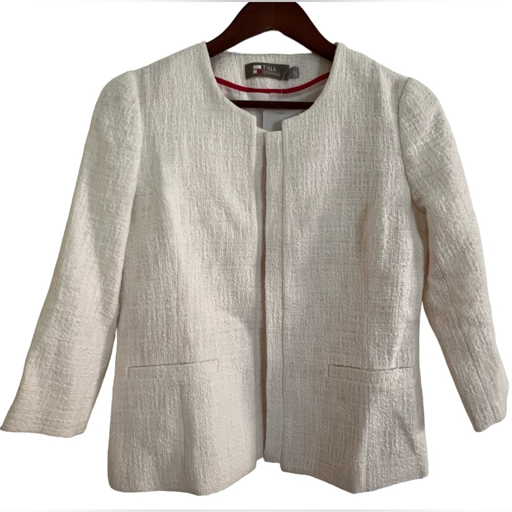 Tina Stephens Open Front White 3/4 Sleeve Textured Blazer, NWT, Size XS